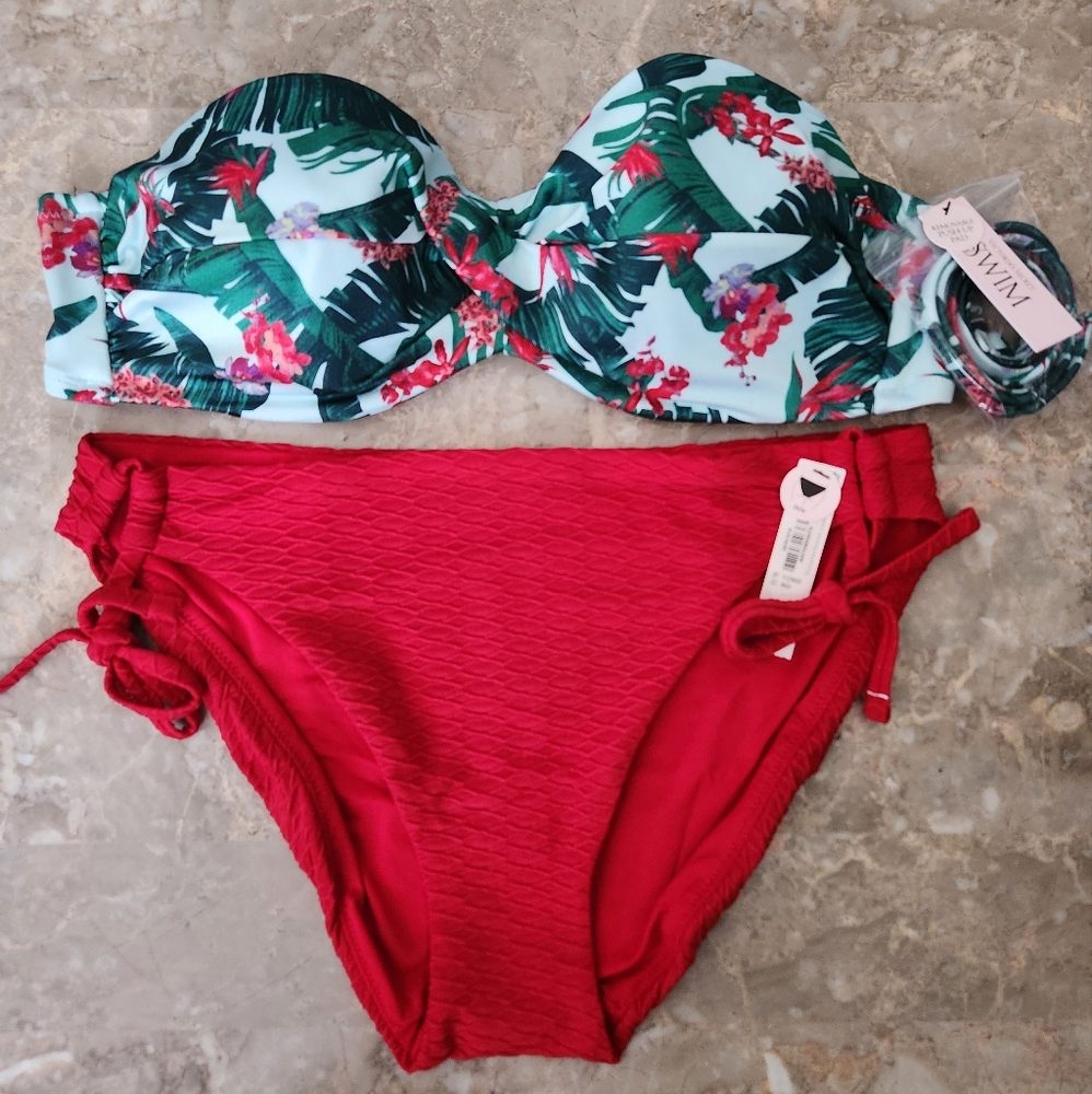 38D3/XL VS Swim Bandeau Side Tie Bikini Set Tropical Island Getaway